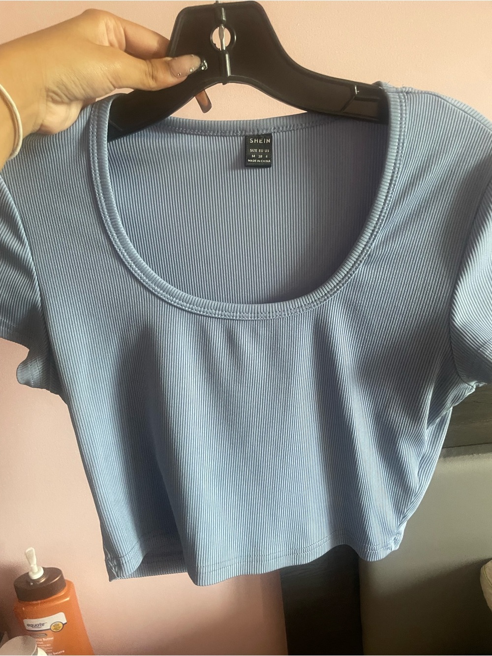 SHEIN Dusty Blue Ribbed Scoop Crop Tee